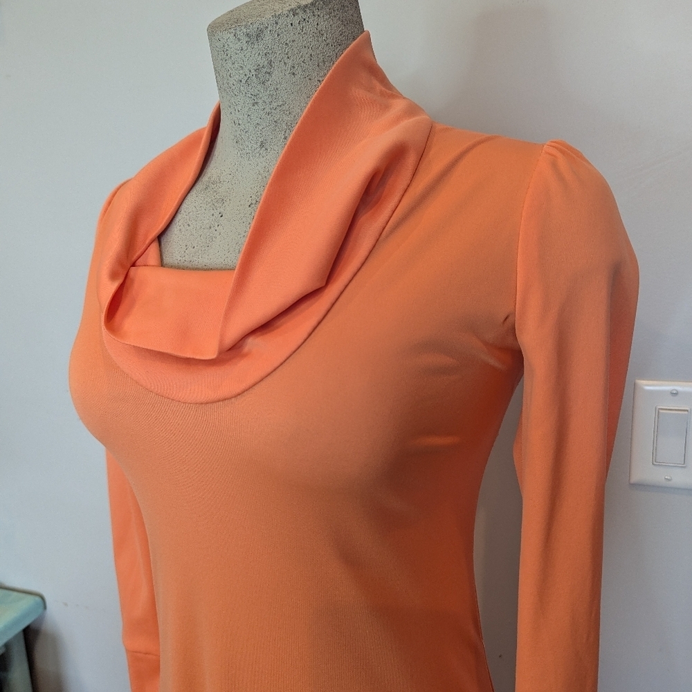 Vintage 1970s Coral Maxi Dress Bias Cut Cowl Neck Long Sleeve Retro Dress Size 6 - Picture 7 of 10